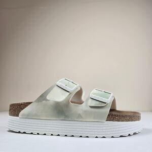 Papillio Birkenstock Sz 40 W9 Arizona Grooved Platform Sandals Watercolor Khaki